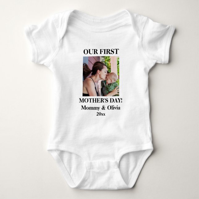 Our First Mother's Day, Personalized Photo & Name Baby Bodysuit (Front)
