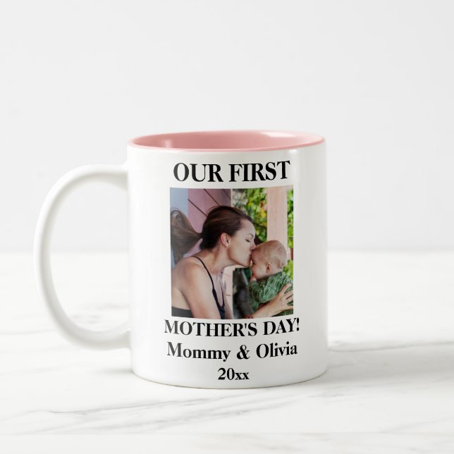 Our First Mother's Day, Personalized Photo & Name Two-Tone Coffee Mug (Left)
