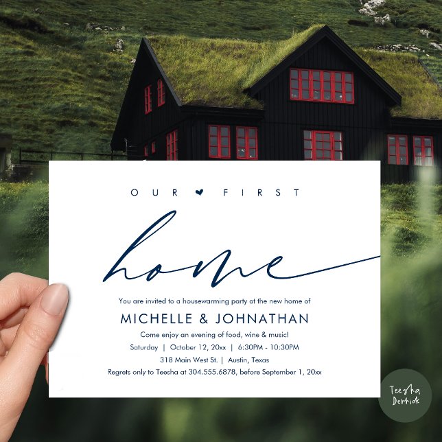 Our First New Home, Housewarming Party Celebration Invitation (Our First New Home, Housewarming Party Celebration Invitation Card, PDF, in Navy Blue)