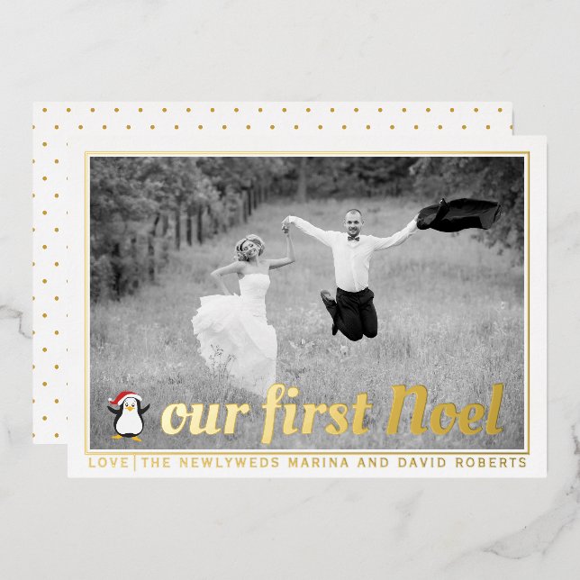 Our first Noel Christmas photo gold Foil Holiday Card (Front/Back)