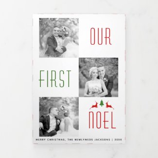 Our First Noel deer tree newlyweds Christmas photo Tri-Fold Holiday Card