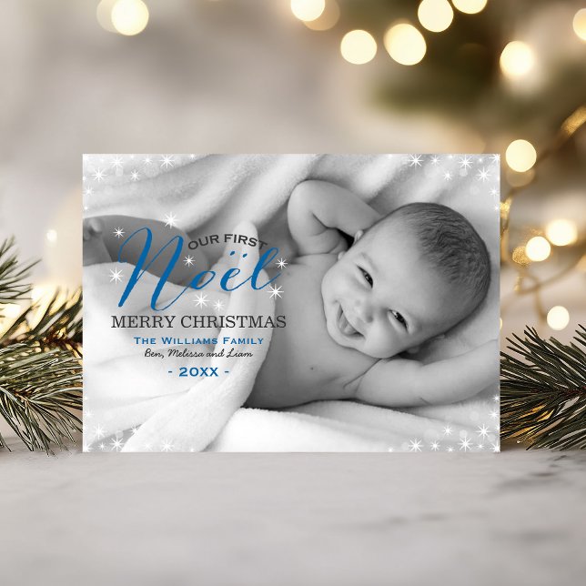 Our First Noël Elegant Blue Snowflake Photo Holiday Card (Creator Uploaded)