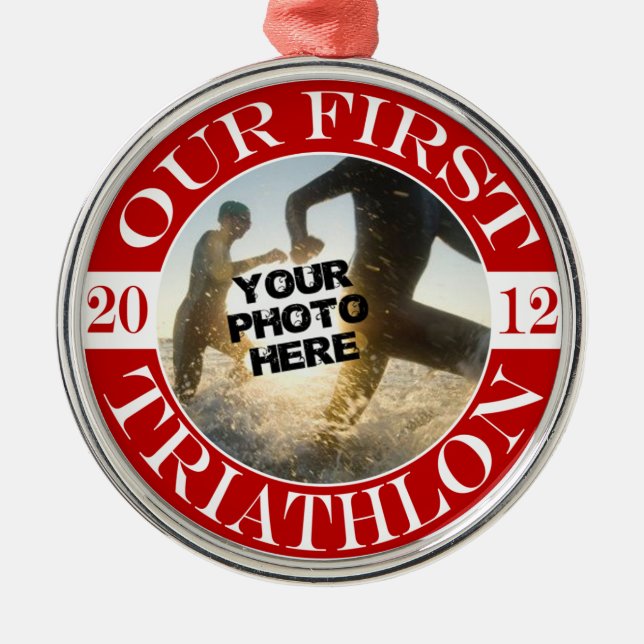 Our First Triathlon Metal Ornament (Front)