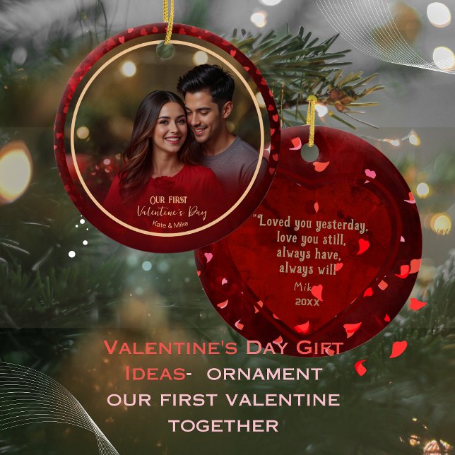 Our First Valentine Photo RED Hearts Couple Ceramic Ornament (Our First Valentine Photo RED Hearts Couple Ceramic Ornament)