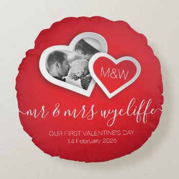 Our First Valentine’s Day As Mr & Mrs Heart Photo Round Pillow by BCMonogramMe at Zazzle