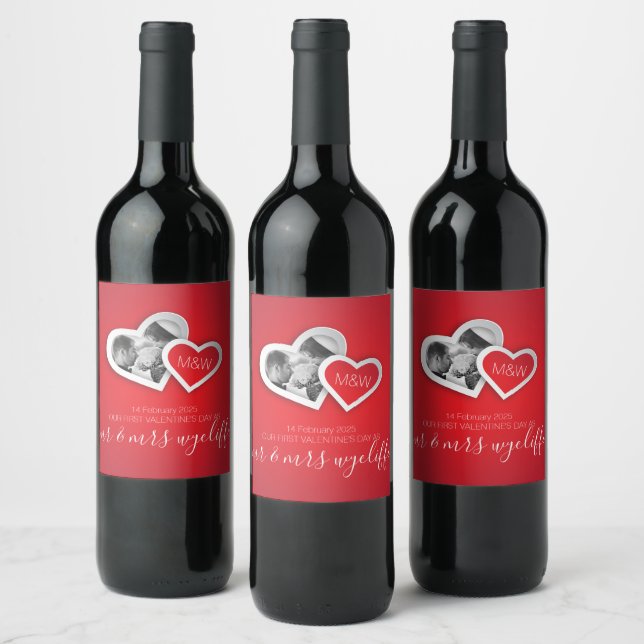Our First Valentine’s Day as Mr & Mrs Heart Photo Wine Label (Bottles)