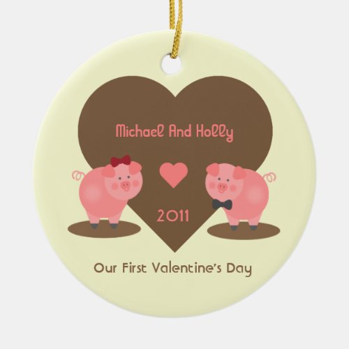 Our First Valentines Day Pigs and Hearts Ceramic Ornament