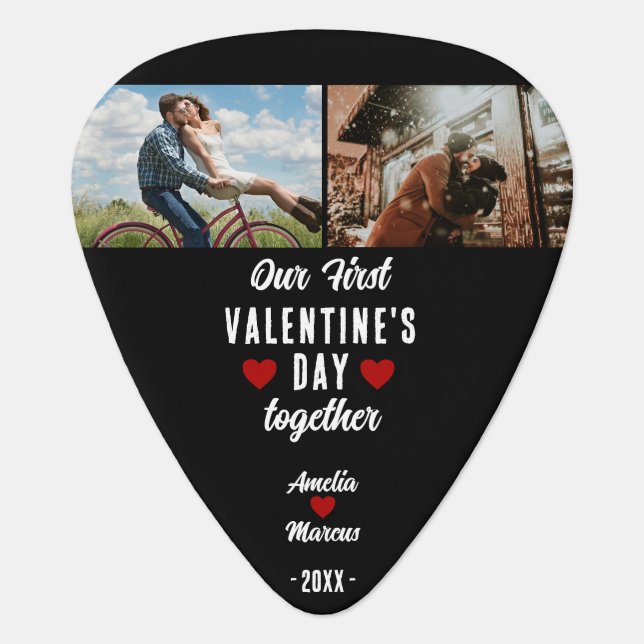 Our First Valentine's Day Together 2 Photos Black Guitar Pick (Front)