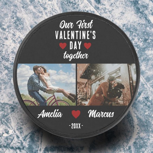 Our First Valentine's Day Together 2 Photos Black Hockey Puck Our First Valentine's Day Together 2 Photos Black Hockey Puck