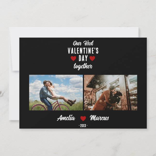 Our First Valentine's Day Together 2 Photos Black Holiday Card (Front)