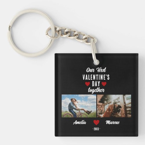 Our First Valentines Day Together 2 Photos Black Keychain