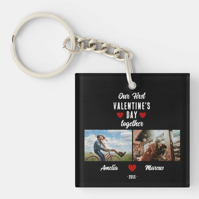 Our First Valentine's Day Together 2 Photos Black Keychain (Front)