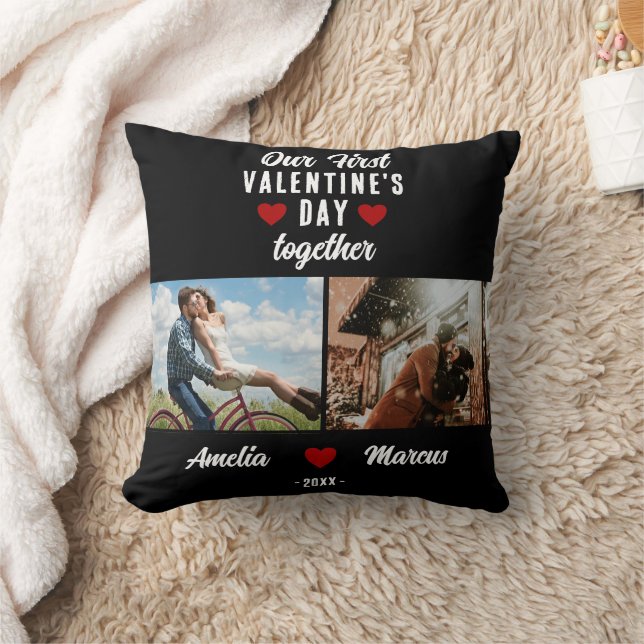 Our First Valentine's Day Together 2 Photos Black Throw Pillow (Blanket)