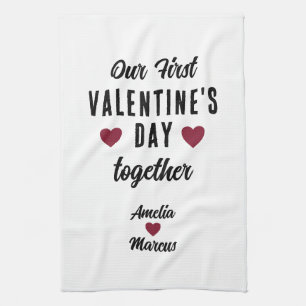 Our First Valentine's Day Together Red Hearts Kitchen Towel