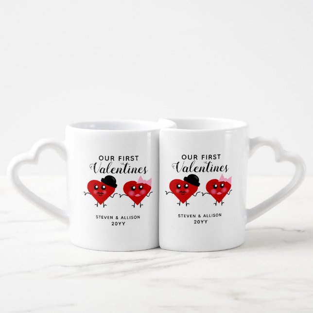 Our First Valentines Funny Red Hearts Personalized Coffee Mug Set (Front Nesting)