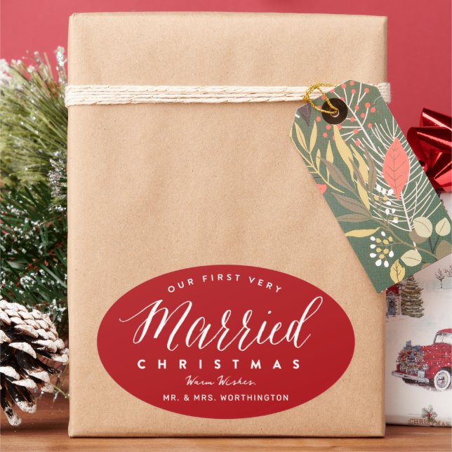 Our First Very Married Christmas Mr & Mrs Wedding Oval Sticker (Holiday)