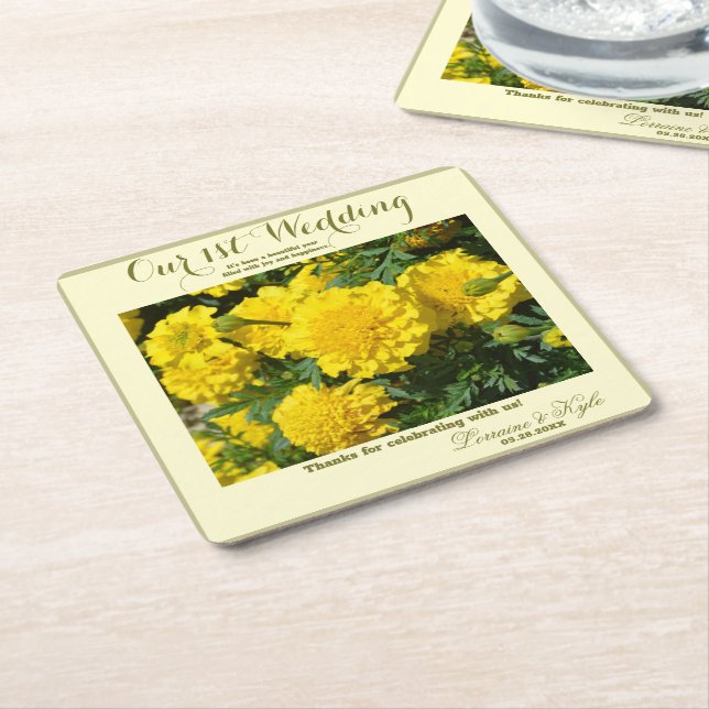 Our First Wedding Anniversary Yellow Carnation Square Paper Coaster (Angled)