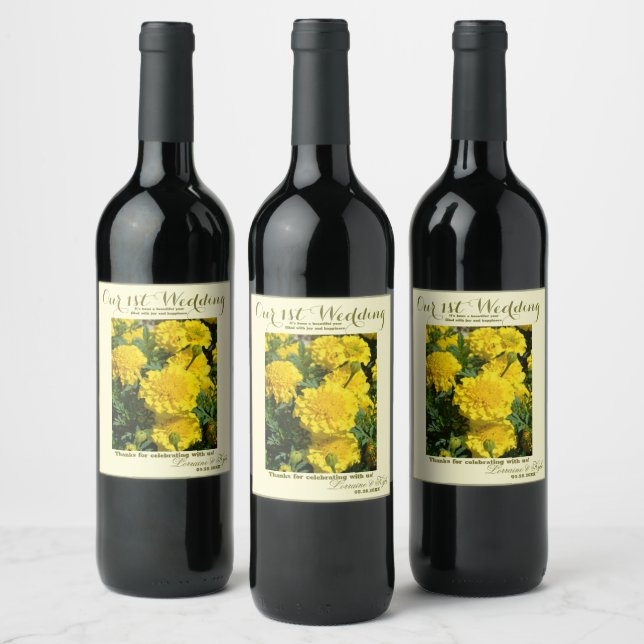 Our First Wedding Anniversary Yellow Carnation Wine Label (Bottles)