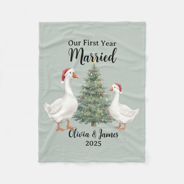 Our First Year Married Goose Custom Christmas Fleece Blanket (Front)
