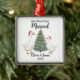 Our First Year Married Goose Custom Christmas Metal Ornament