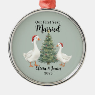 Our First Year Married Goose Custom Christmas Metal Ornament