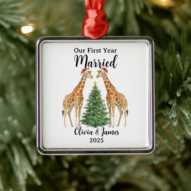 Our First Year Married Goose Custom Christmas Metal Ornament (Tree)