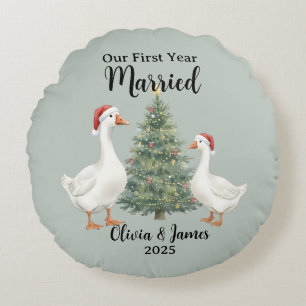 Our First Year Married Goose Custom Christmas Round Pillow