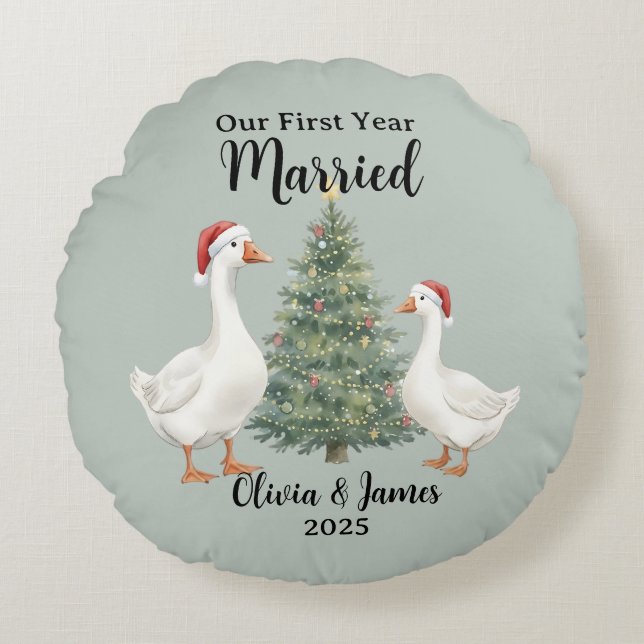 Our First Year Married Goose Custom Christmas Round Pillow (Front)