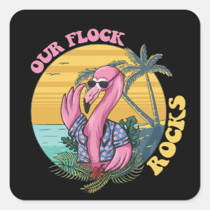 Our Flock Rocks Flamingo Groovy Retro Square Sticker