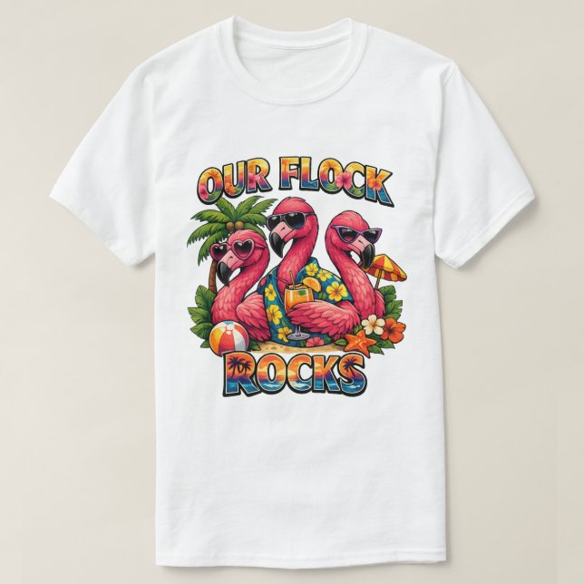 Our Flock Rocks Funny Flamingo Tropical T-Shirt (Design Front)