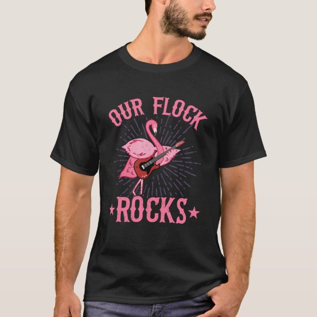 Our Flock Rocks Rocker Flamingo Music Pink Mom Pla T-Shirt (Front)