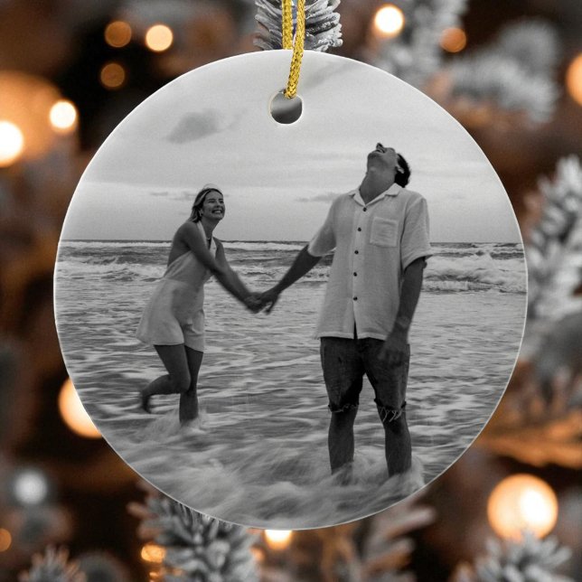 Our Frst Christmas Engaged Black and White Photo Ceramic Ornament (Creator Uploaded)