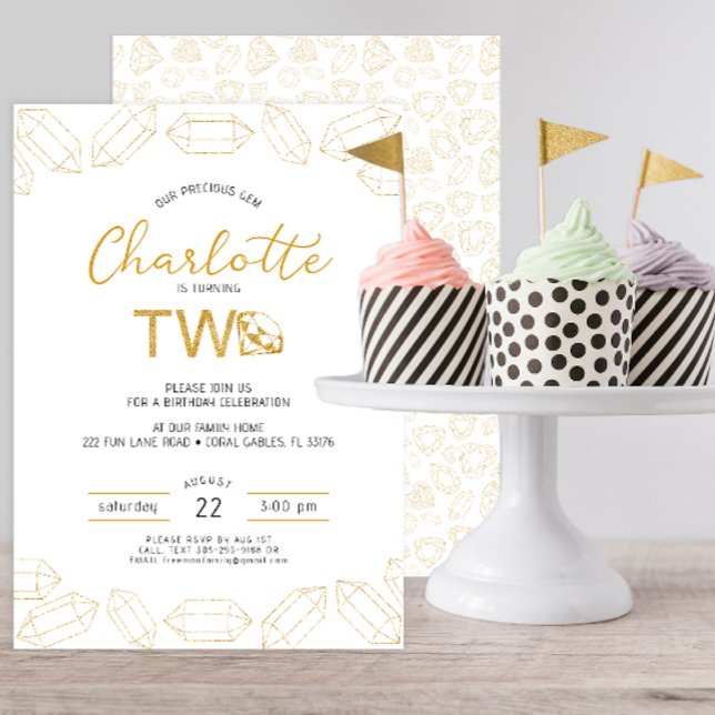 Our Gem Charlotte is Turning Two Invitation (Gem Glitter Gold second birthday party for girls)