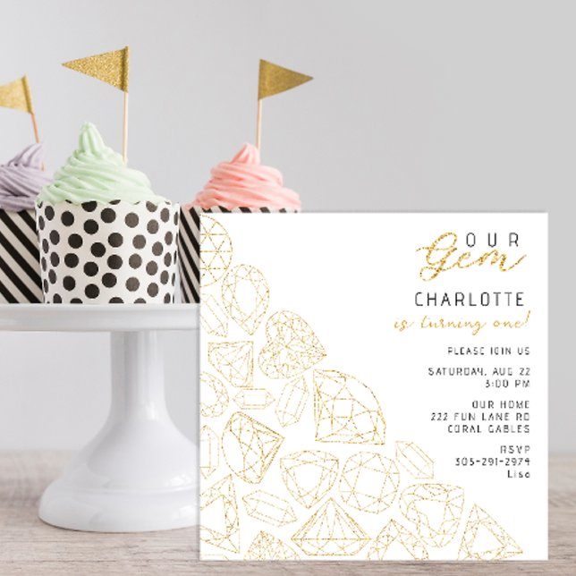Our Gem Gold 1st Birthday Party Invitation (modern gold glitter birthday party invitation)