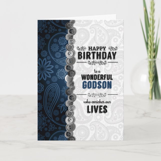 OUR Godson's Birthday Blue Paisley with Buttons Card (Front)