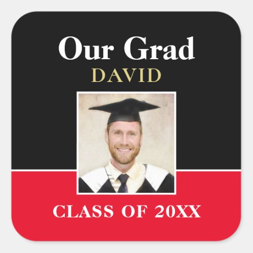 Our Grad Name Year Photo Black Red Gold Informal Square Sticker