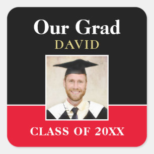 Our Grad Name Year Photo Black Red Gold Informal Square Sticker