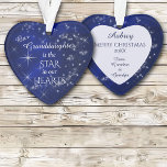 Our Granddaughter Star Ornament<br><div class="desc">Our best selling granddaughter Christmas ornament has been updated this year! It features a silver star and snowflake pattern against a deep blue gradient background. In the center is your customized text in white. It says "Our Granddaughter is the STAR in our HEARTS. The back of the ornament has the...</div>