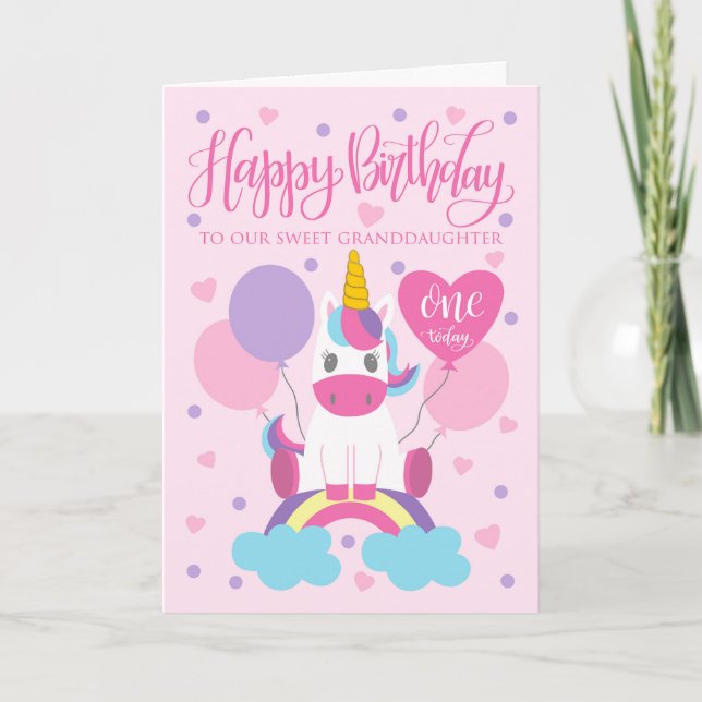 Our Granddaughter Unicorn On Rainbow 1st Birthday Card (Front)