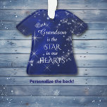 Our Grandson Star Ornament<br><div class="desc">Here's a nice keepsake ornament for that special grandson! It features a silver star and snowflake pattern against a deep blue gradient background. In the center is your customized text in white. It says "Our Grandson is the STAR in our HEARTS. The back of the ornament has the silver star...</div>