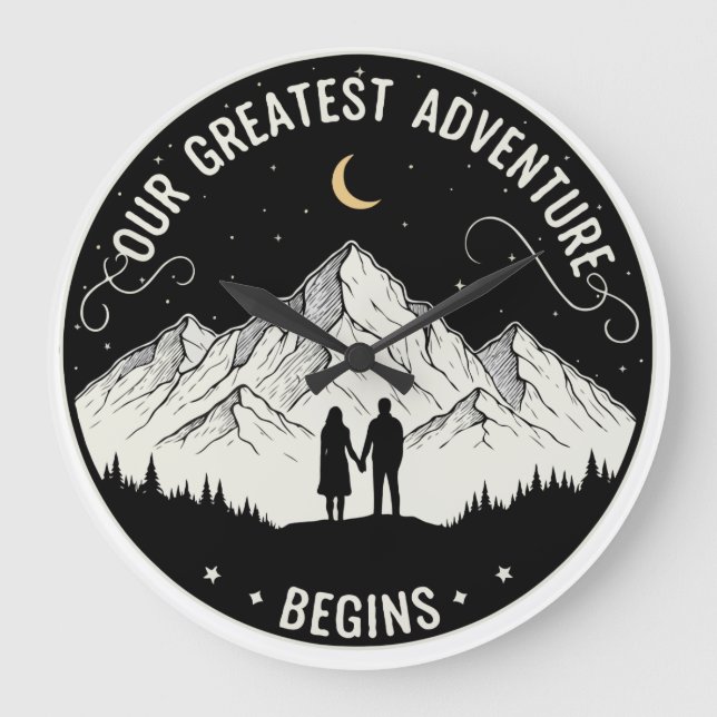 Our Greatest Adventure Begins | Rustic Mountain Co Large Clock (Front)