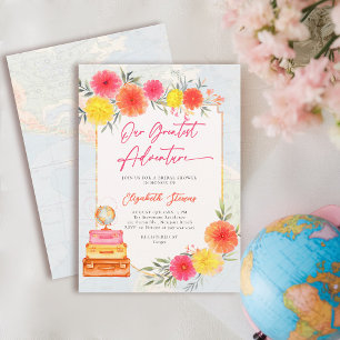 Our Greatest Adventure Floral Travel Theme Bridal Invitation
