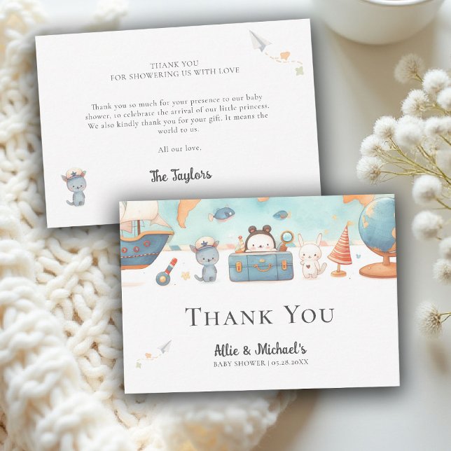 Our Greatest Adventure Map Neutral Baby Shower Thank You Card (our greatest adventure baby shower theme thank you card coed couple vintage neutral)