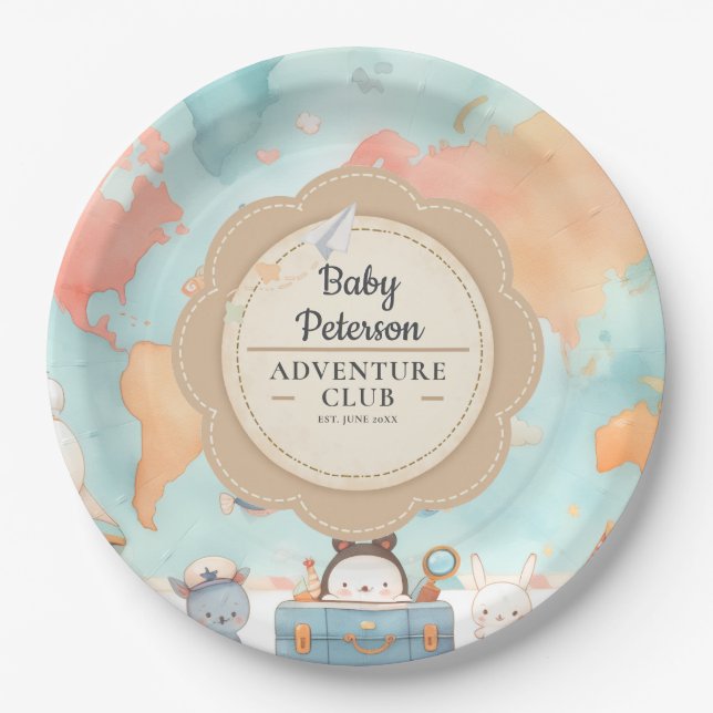 Our Greatest Adventure Neutral Cute Baby Shower Paper Plates (Front)