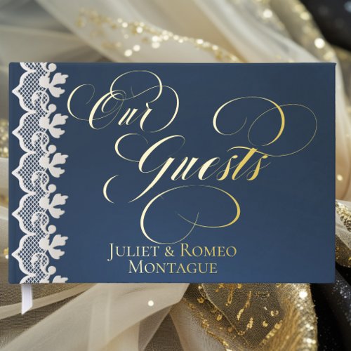 Our Guests Lace - Dark Blue Foil Guestbook