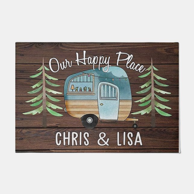 Our Happy Place Doormat, Personalized Camp Doormat (Front)