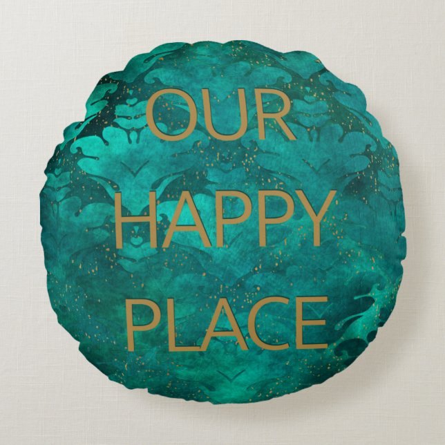 Our Happy Place Emerald Damask Throw Pillow (Front)