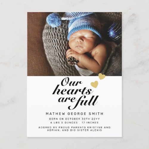 Our Hearts are Full Modern 1 Photo Baby Birth Announcement Postcard