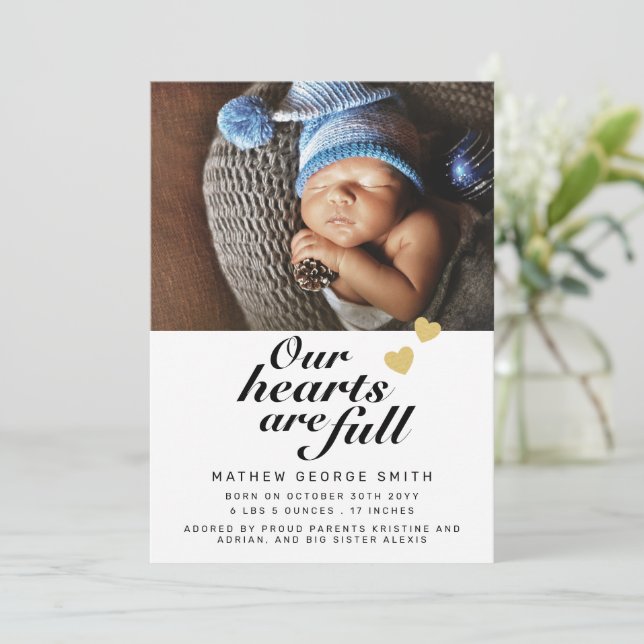 Our Hearts are Full Photo Baby Birth Announcement Zazzle