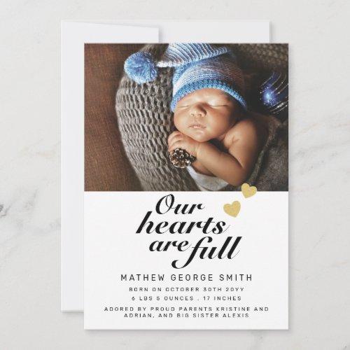 Our Hearts are Full Photo Baby Birth Announcement